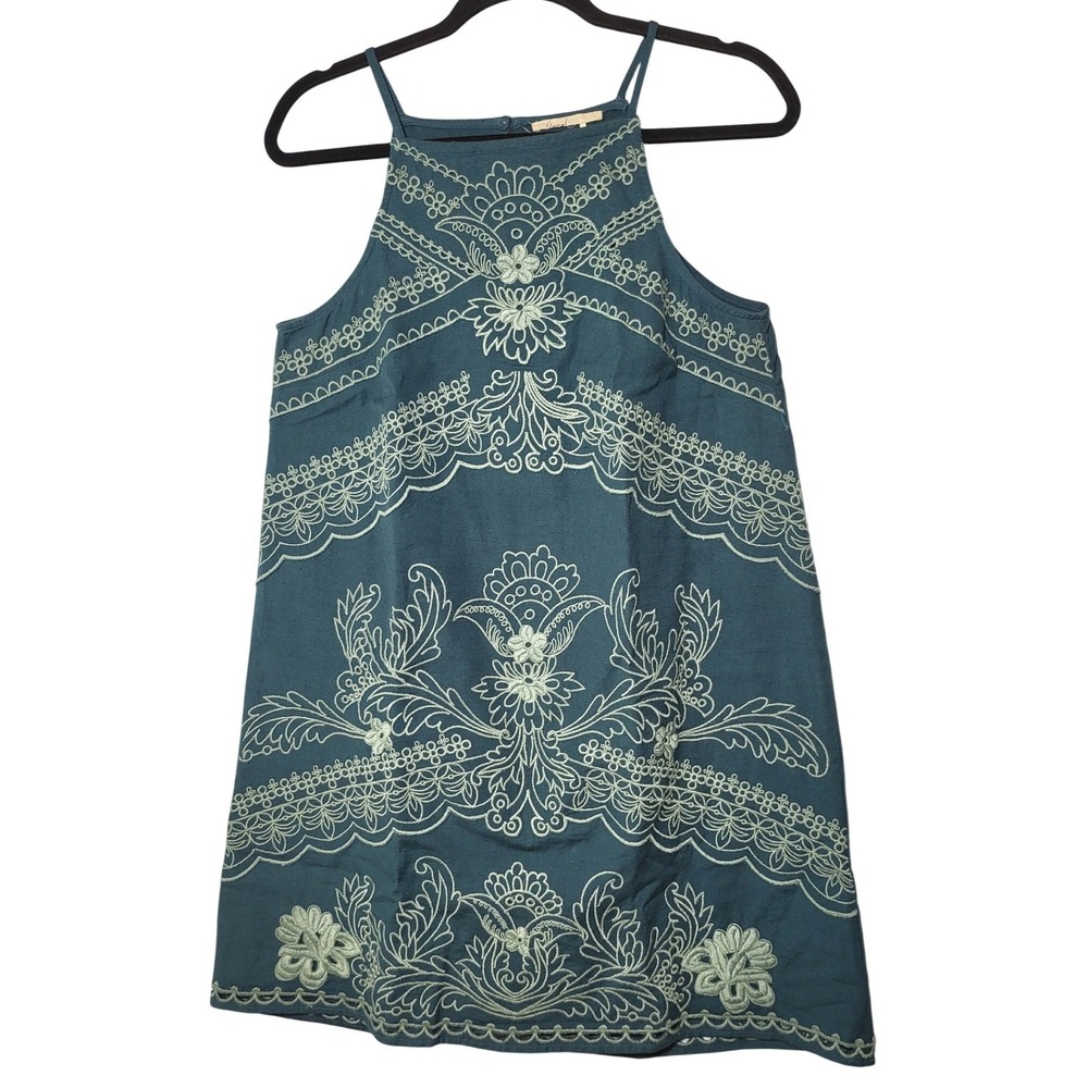 Floreat Teal Embroidered Eyelet Halter Mini Dress Small
